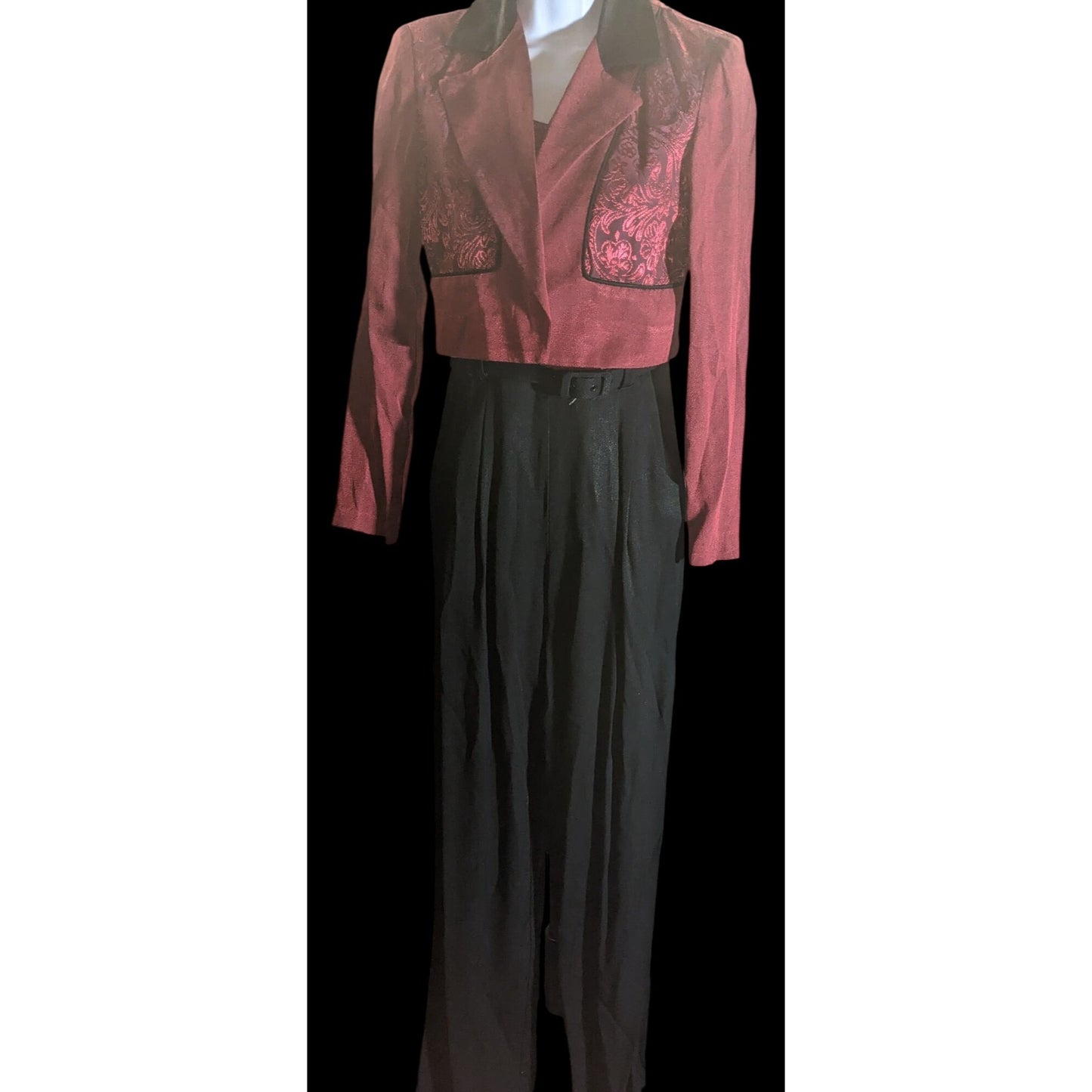Dawn Joy II Black & Red Brocade 80s Jumpsuit With Jacket Vintage Statement Piece Sleeveless Belted Waist Long-Sleeve Jacket