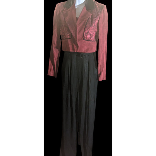 Dawn Joy II Black & Red Brocade 80s Jumpsuit With Jacket Vintage Statement Piece Sleeveless Belted Waist Long-Sleeve Jacket