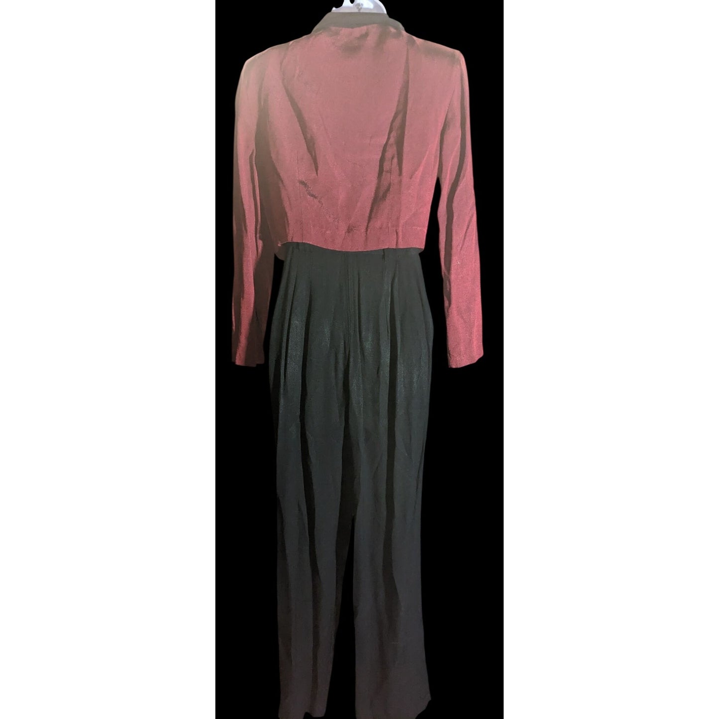 Dawn Joy II Black & Red Brocade 80s Jumpsuit With Jacket Vintage Statement Piece Sleeveless Belted Waist Long-Sleeve Jacket