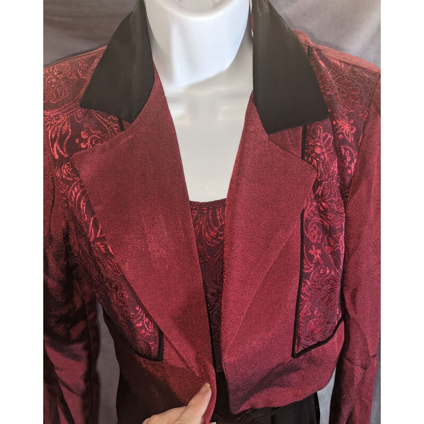 Dawn Joy II Black & Red Brocade 80s Jumpsuit With Jacket Vintage Statement Piece Sleeveless Belted Waist Long-Sleeve Jacket