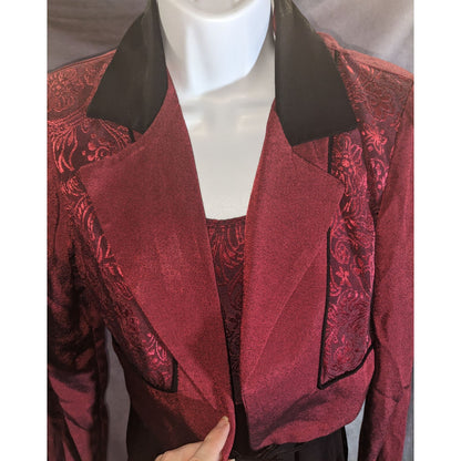 Dawn Joy II Black & Red Brocade 80s Jumpsuit With Jacket Vintage Statement Piece Sleeveless Belted Waist Long-Sleeve Jacket