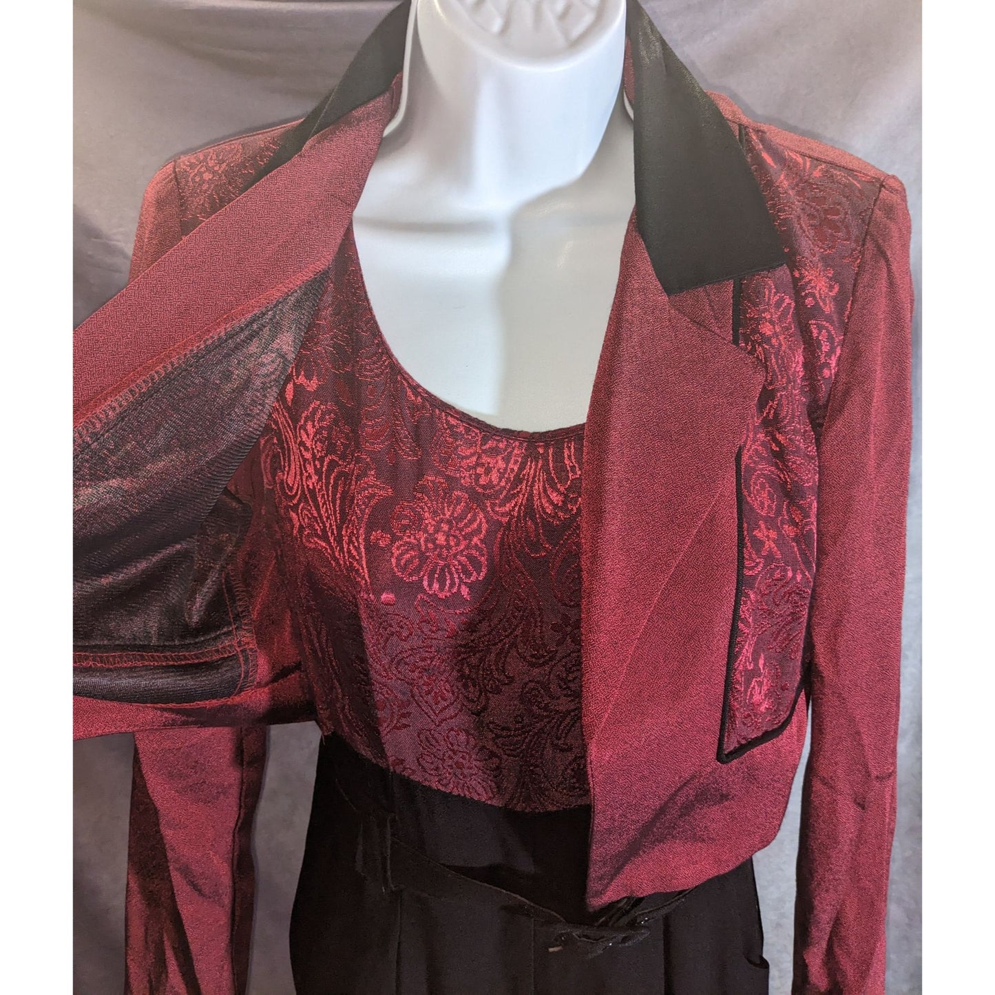 Dawn Joy II Black & Red Brocade 80s Jumpsuit With Jacket Vintage Statement Piece Sleeveless Belted Waist Long-Sleeve Jacket