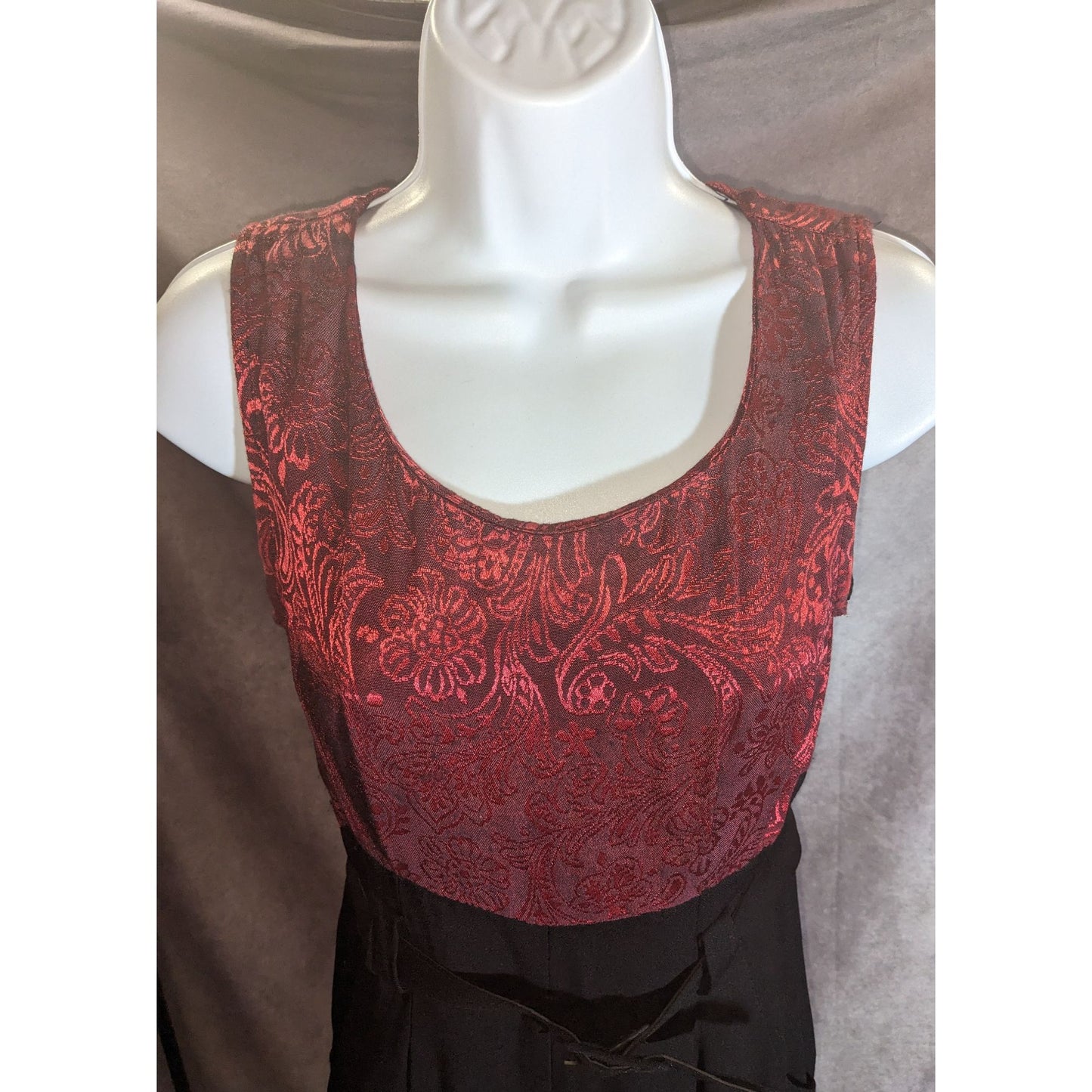Dawn Joy II Black & Red Brocade 80s Jumpsuit With Jacket Vintage Statement Piece Sleeveless Belted Waist Long-Sleeve Jacket