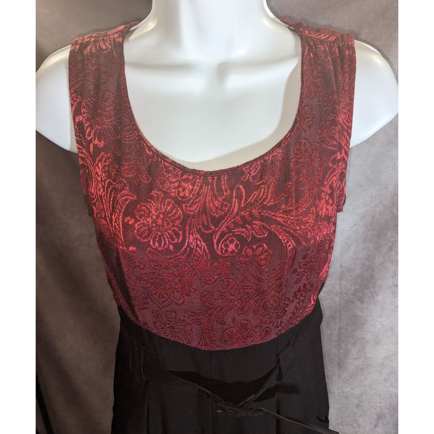 Dawn Joy II Black & Red Brocade 80s Jumpsuit With Jacket Vintage Statement Piece Sleeveless Belted Waist Long-Sleeve Jacket