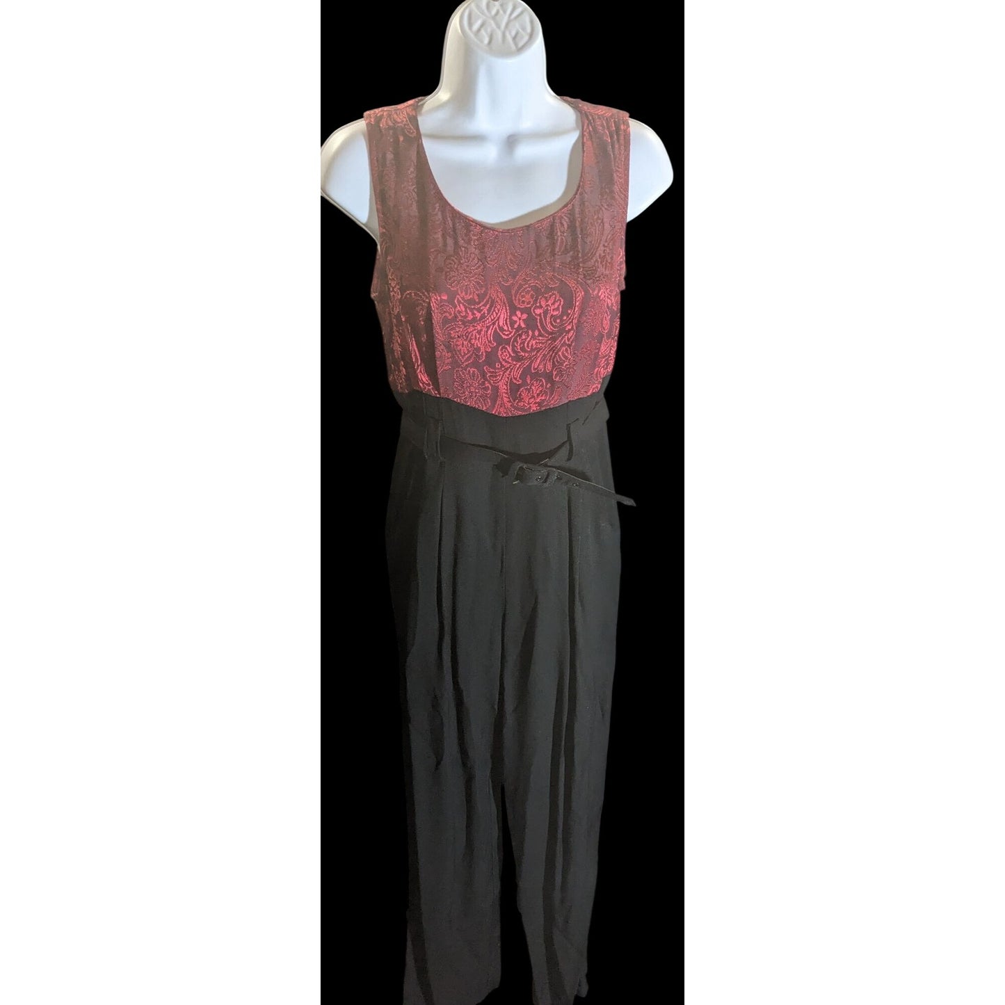Dawn Joy II Black & Red Brocade 80s Jumpsuit With Jacket Vintage Statement Piece Sleeveless Belted Waist Long-Sleeve Jacket