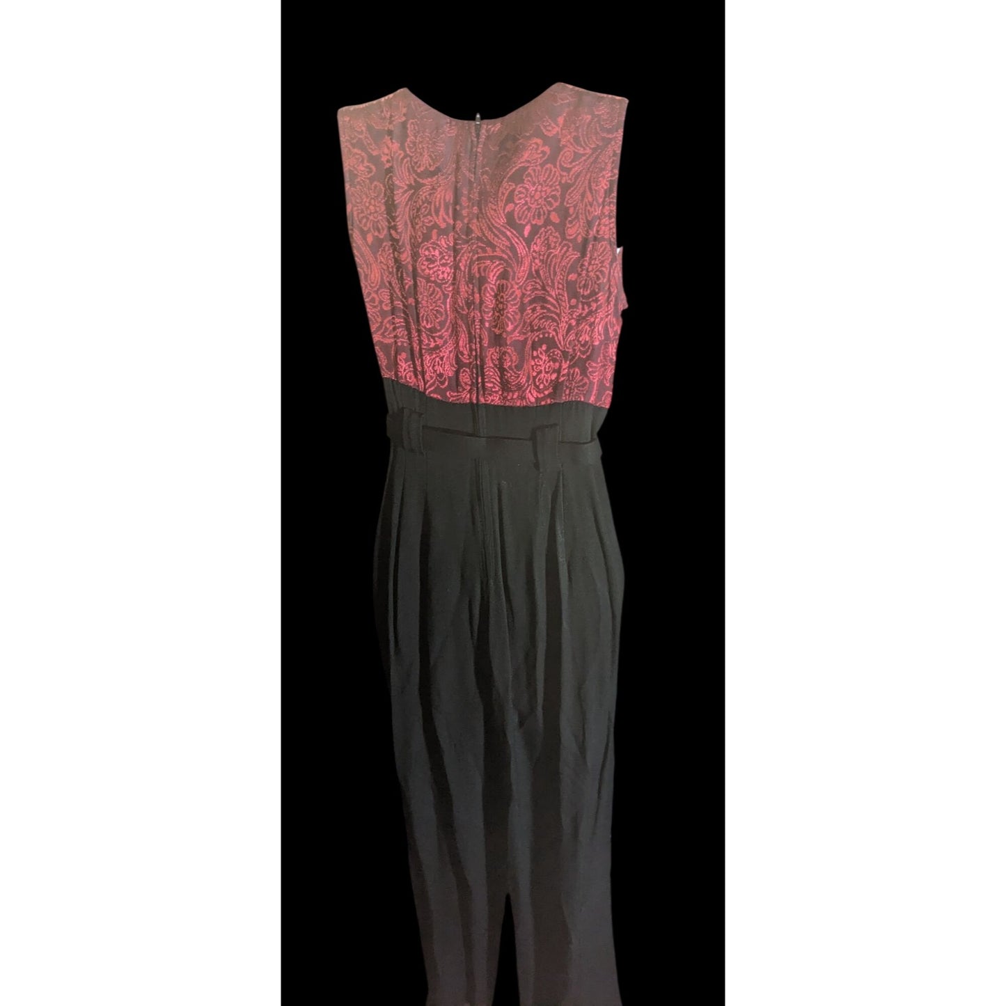 Dawn Joy II Black & Red Brocade 80s Jumpsuit With Jacket Vintage Statement Piece Sleeveless Belted Waist Long-Sleeve Jacket