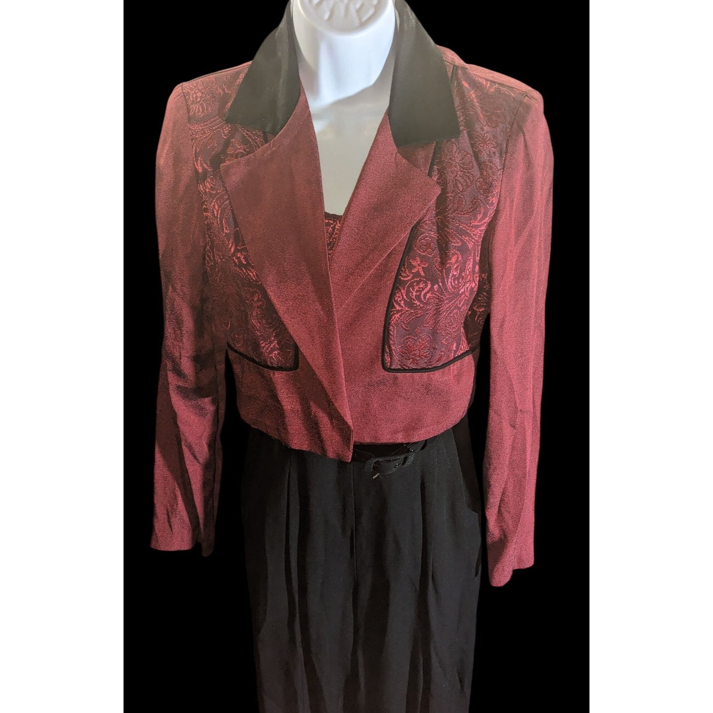 Dawn Joy II Black & Red Brocade 80s Jumpsuit With Jacket Vintage Statement Piece Sleeveless Belted Waist Long-Sleeve Jacket