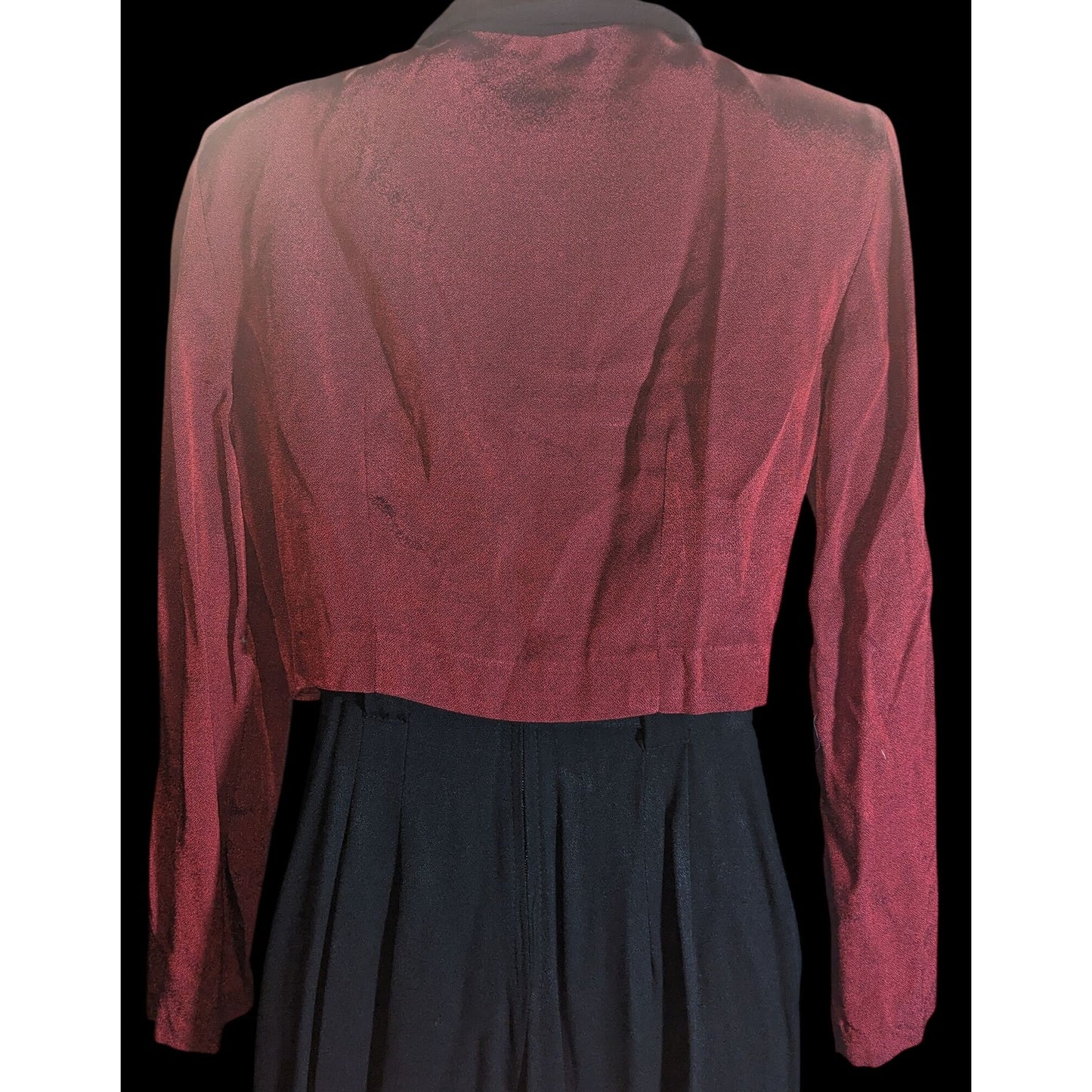 Dawn Joy II Black & Red Brocade 80s Jumpsuit With Jacket Vintage Statement Piece Sleeveless Belted Waist Long-Sleeve Jacket