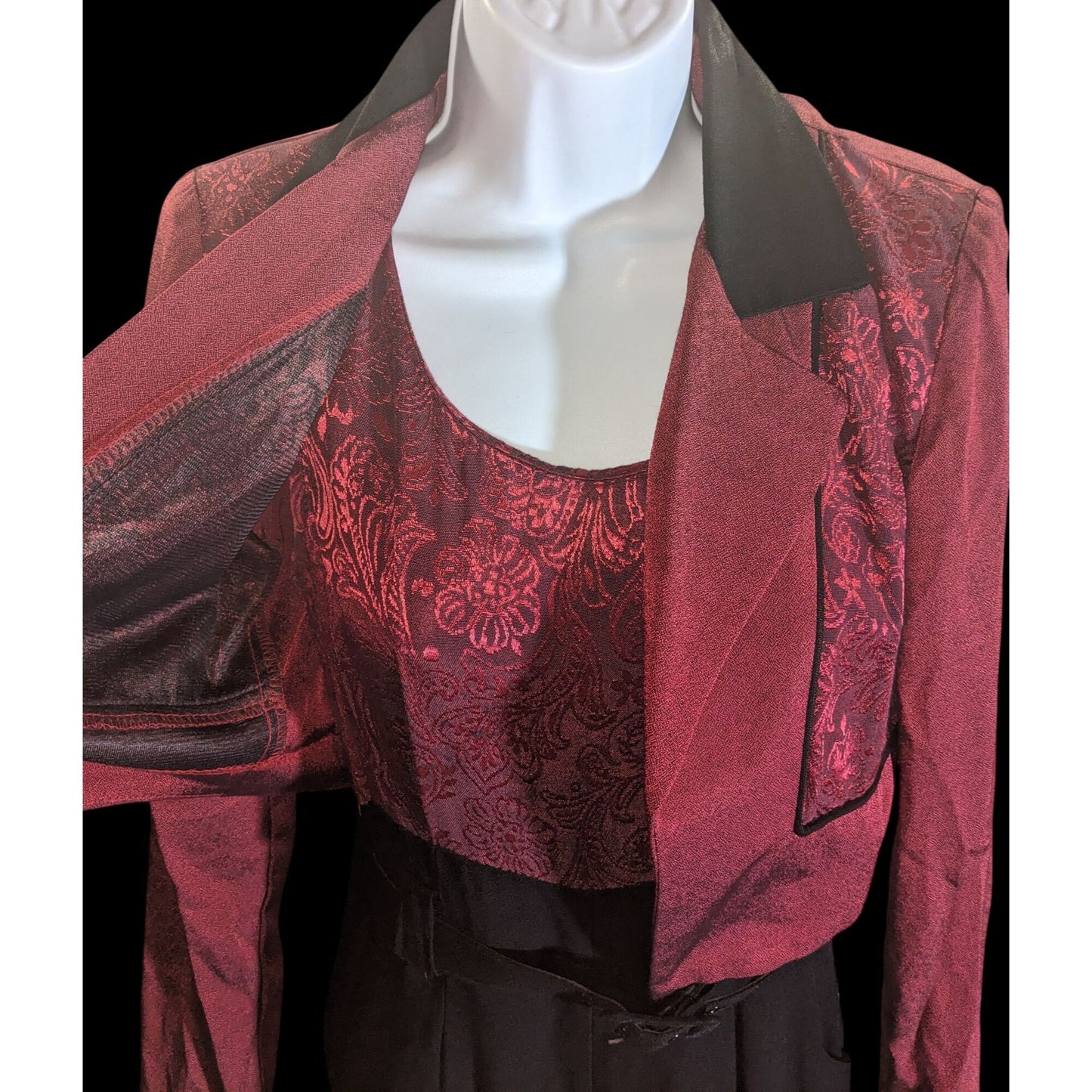 Dawn Joy II Black & Red Brocade 80s Jumpsuit With Jacket Vintage Statement Piece Sleeveless Belted Waist Long-Sleeve Jacket