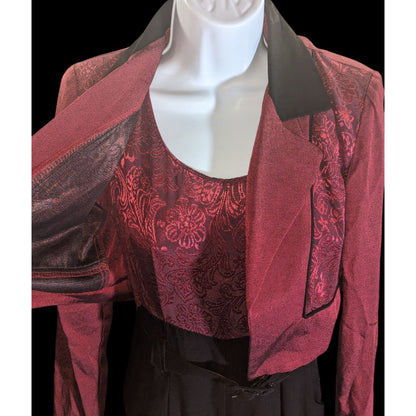 Dawn Joy II Black & Red Brocade 80s Jumpsuit With Jacket Vintage Statement Piece Sleeveless Belted Waist Long-Sleeve Jacket