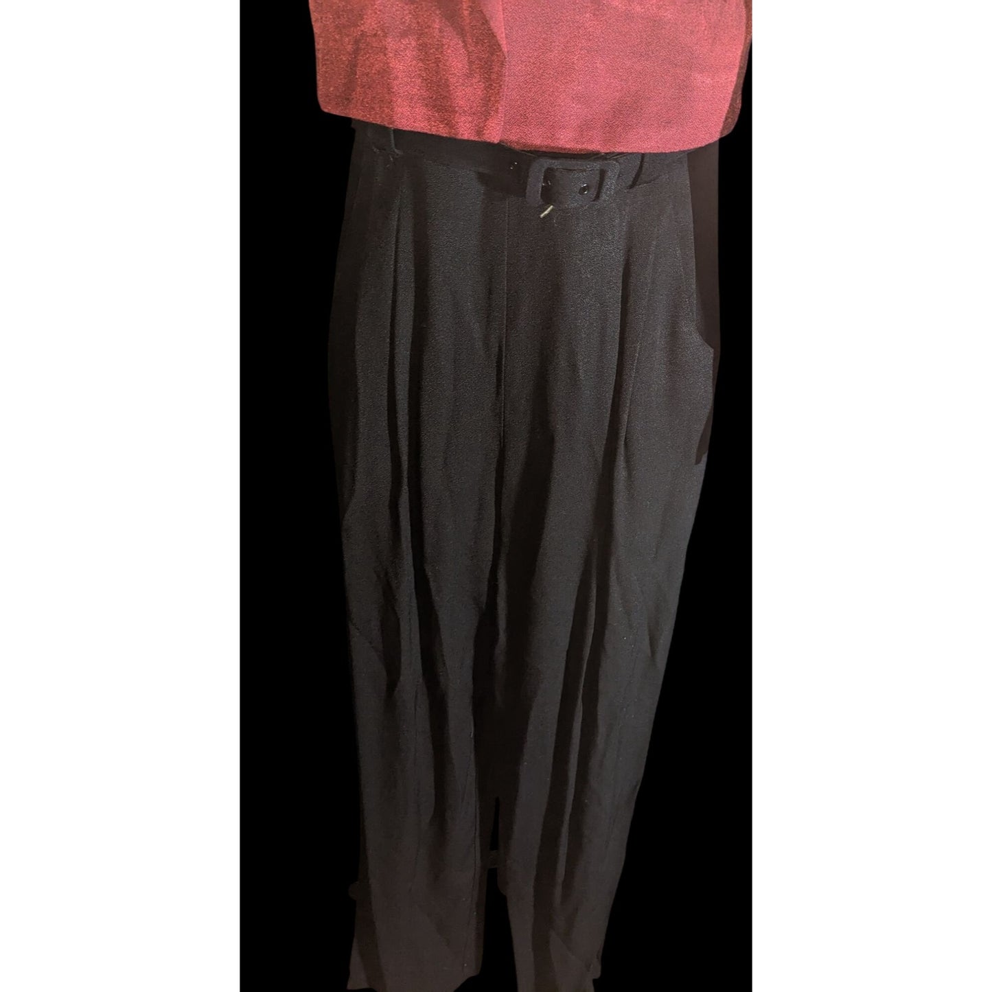 Dawn Joy II Black & Red Brocade 80s Jumpsuit With Jacket Vintage Statement Piece Sleeveless Belted Waist Long-Sleeve Jacket