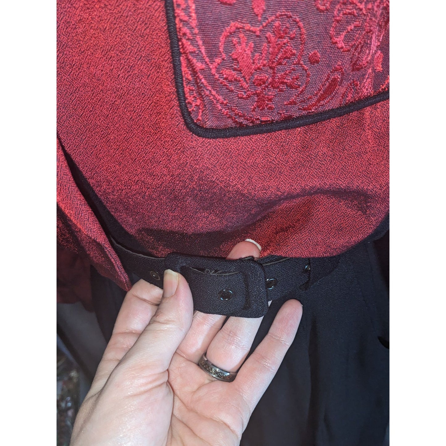 Dawn Joy II Black & Red Brocade 80s Jumpsuit With Jacket Vintage Statement Piece Sleeveless Belted Waist Long-Sleeve Jacket