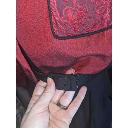 Dawn Joy II Black & Red Brocade 80s Jumpsuit With Jacket Vintage Statement Piece Sleeveless Belted Waist Long-Sleeve Jacket