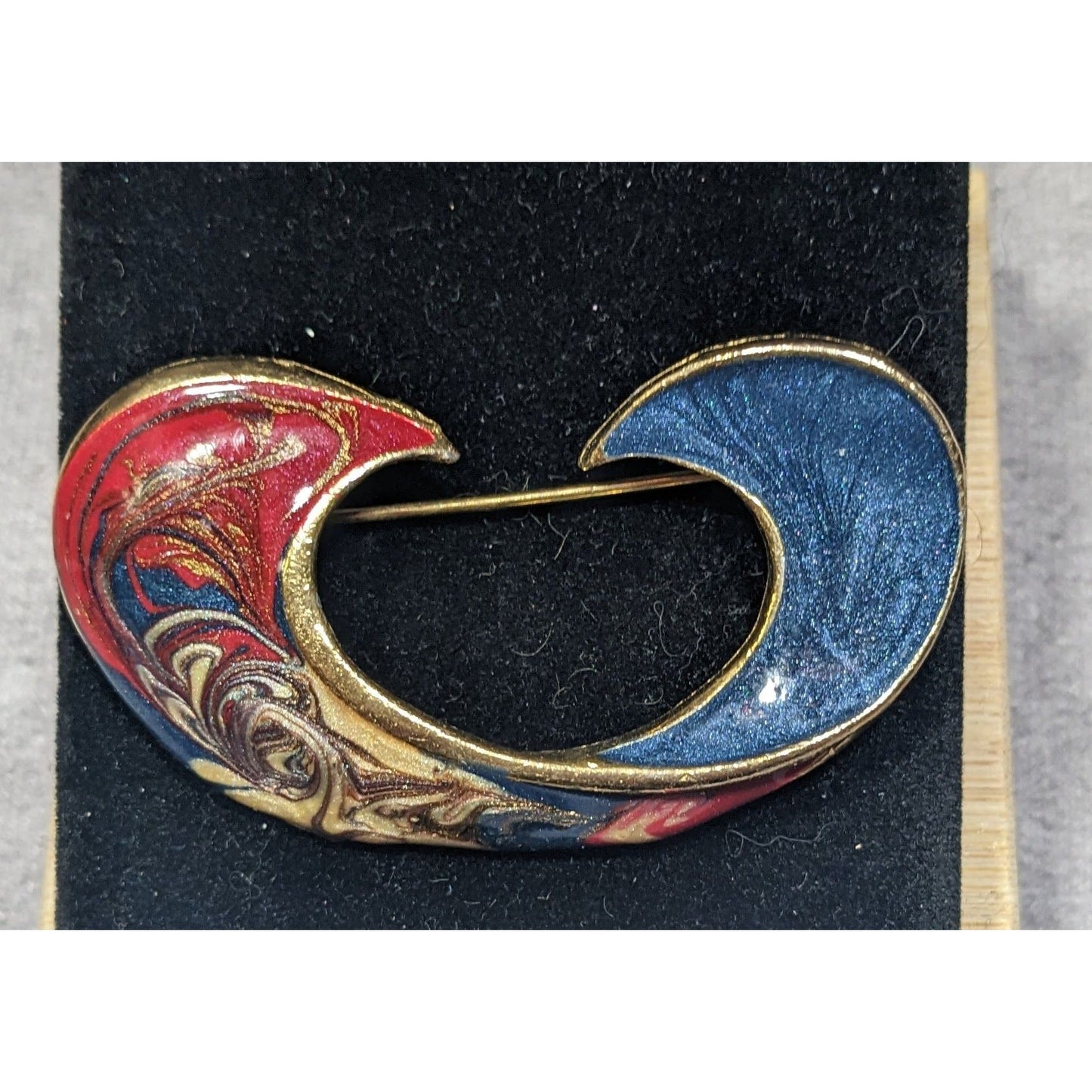 Vintage Red Blue And Gold Tone Enamel Swirl Brooch