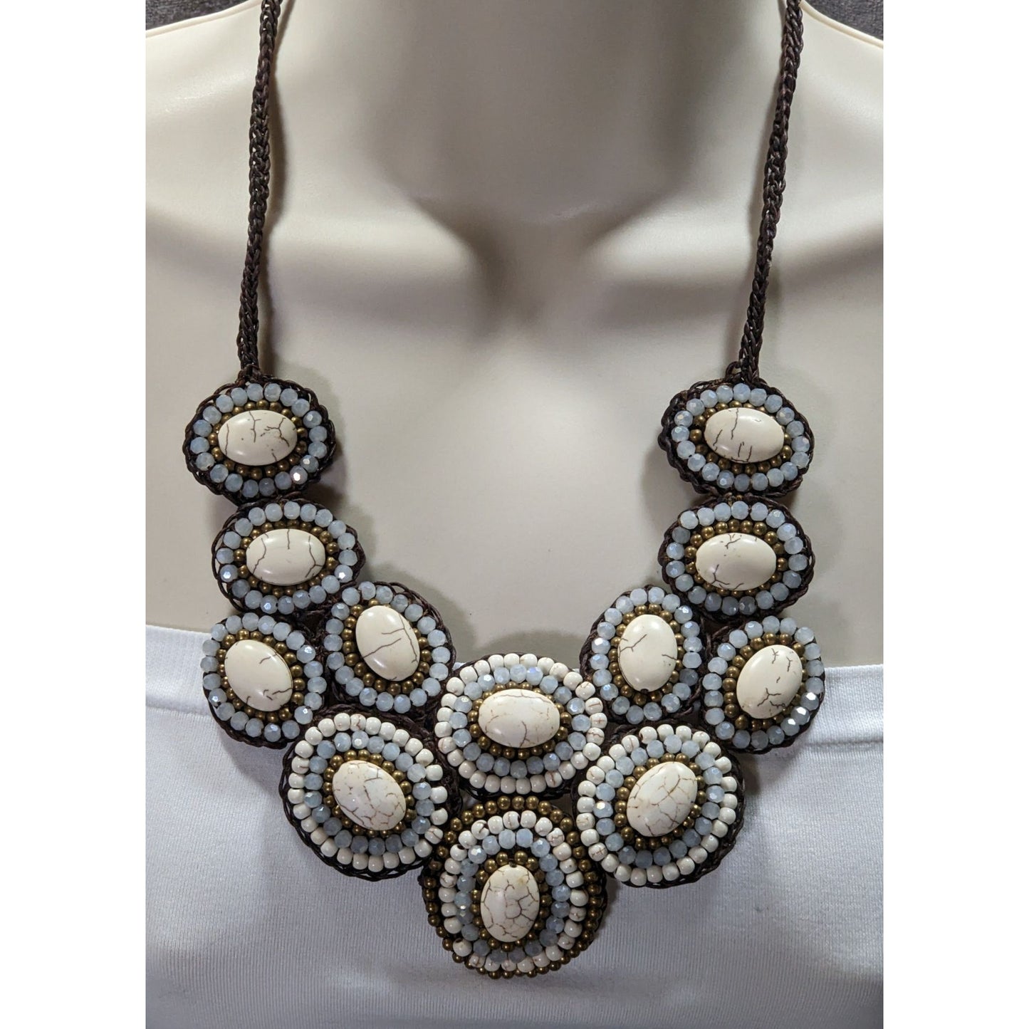 Boho Chic Stone And Glass Beaded Statement Necklace On Macrame Base