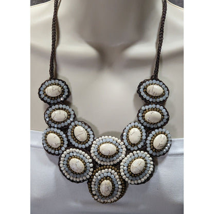 Boho Chic Stone And Glass Beaded Statement Necklace On Macrame Base