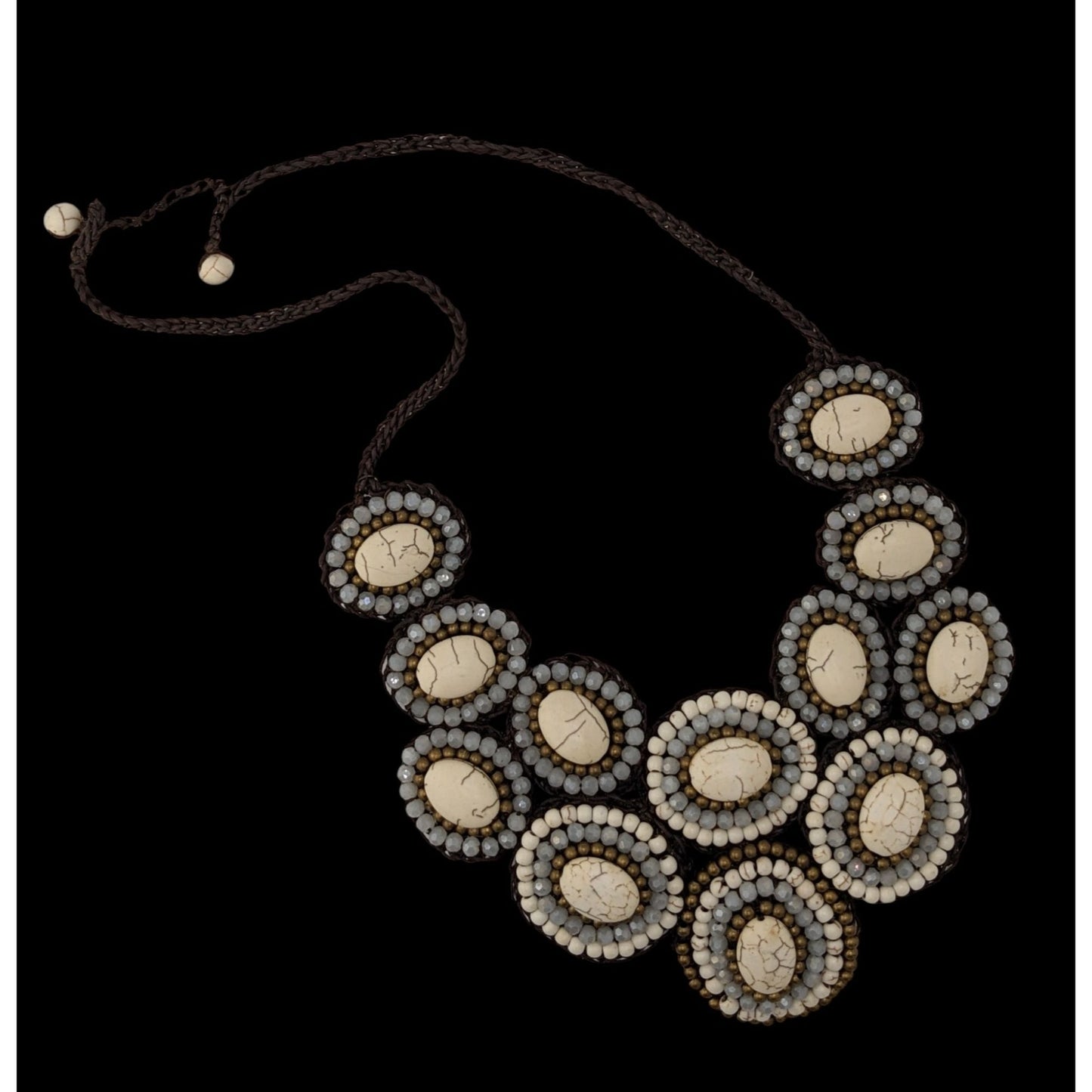 Boho Chic Stone And Glass Beaded Statement Necklace On Macrame Base