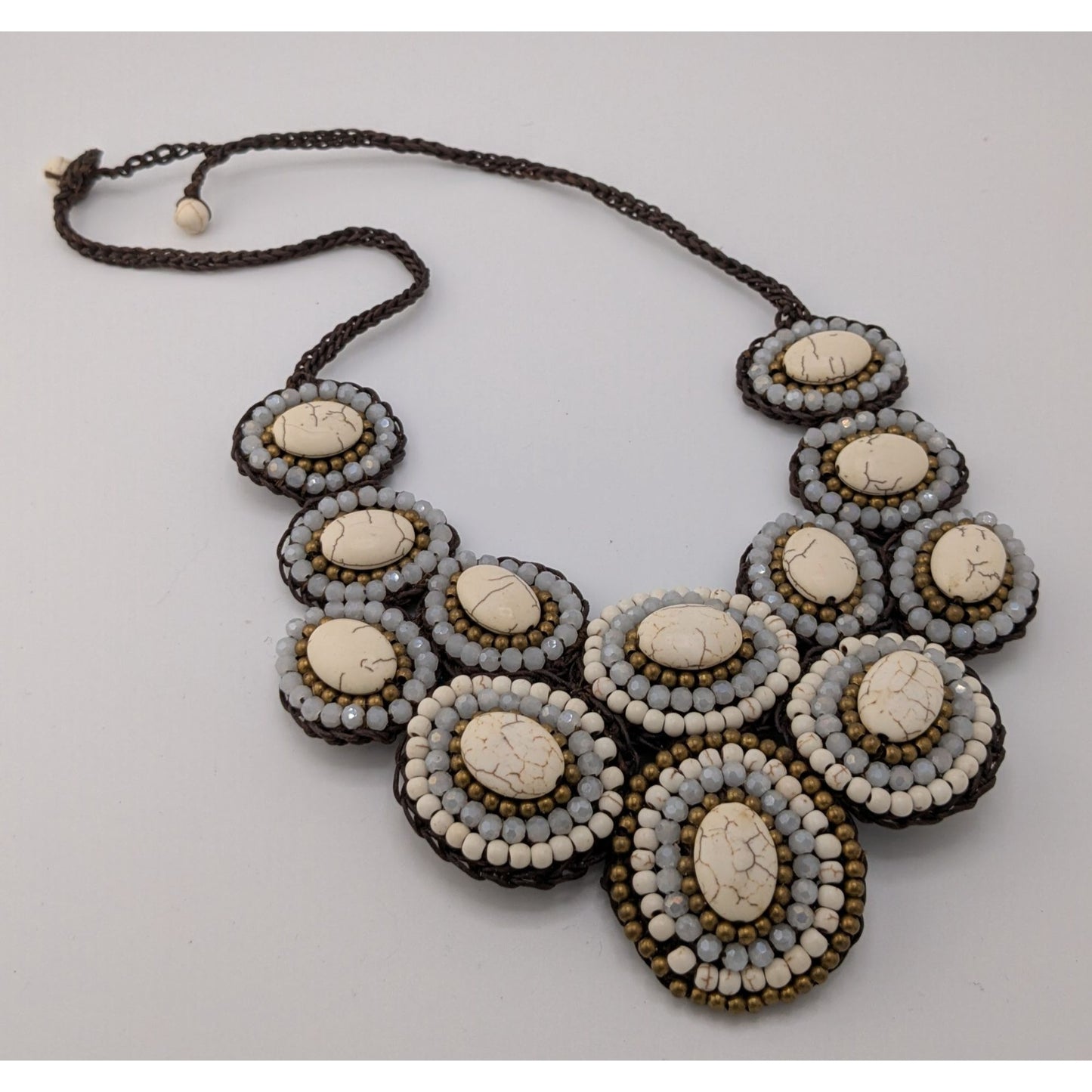 Boho Chic Stone And Glass Beaded Statement Necklace On Macrame Base