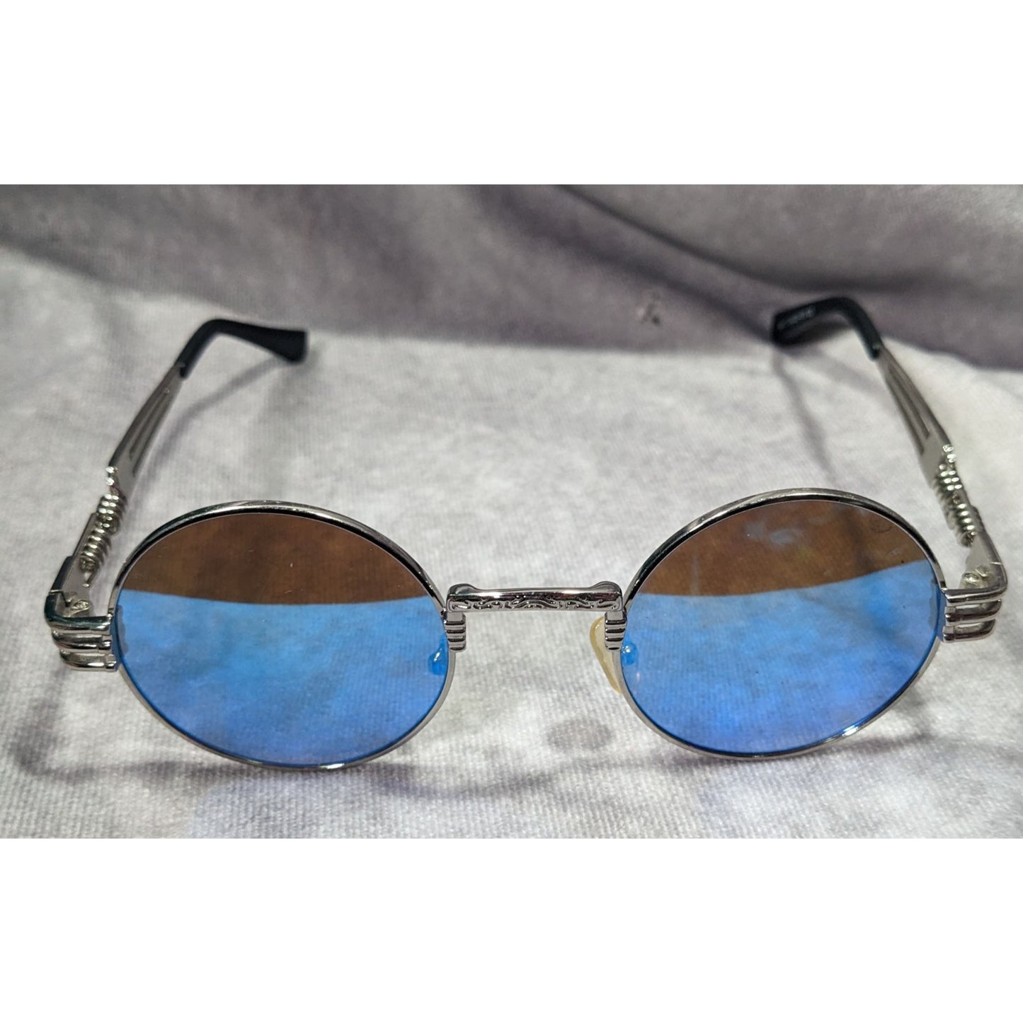 Steampunk Retro Round Blue Mirror Lens Silver Tone Sunglasses