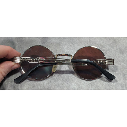 Steampunk Retro Round Blue Mirror Lens Silver Tone Sunglasses