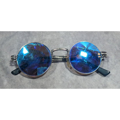 Steampunk Retro Round Blue Mirror Lens Silver Tone Sunglasses