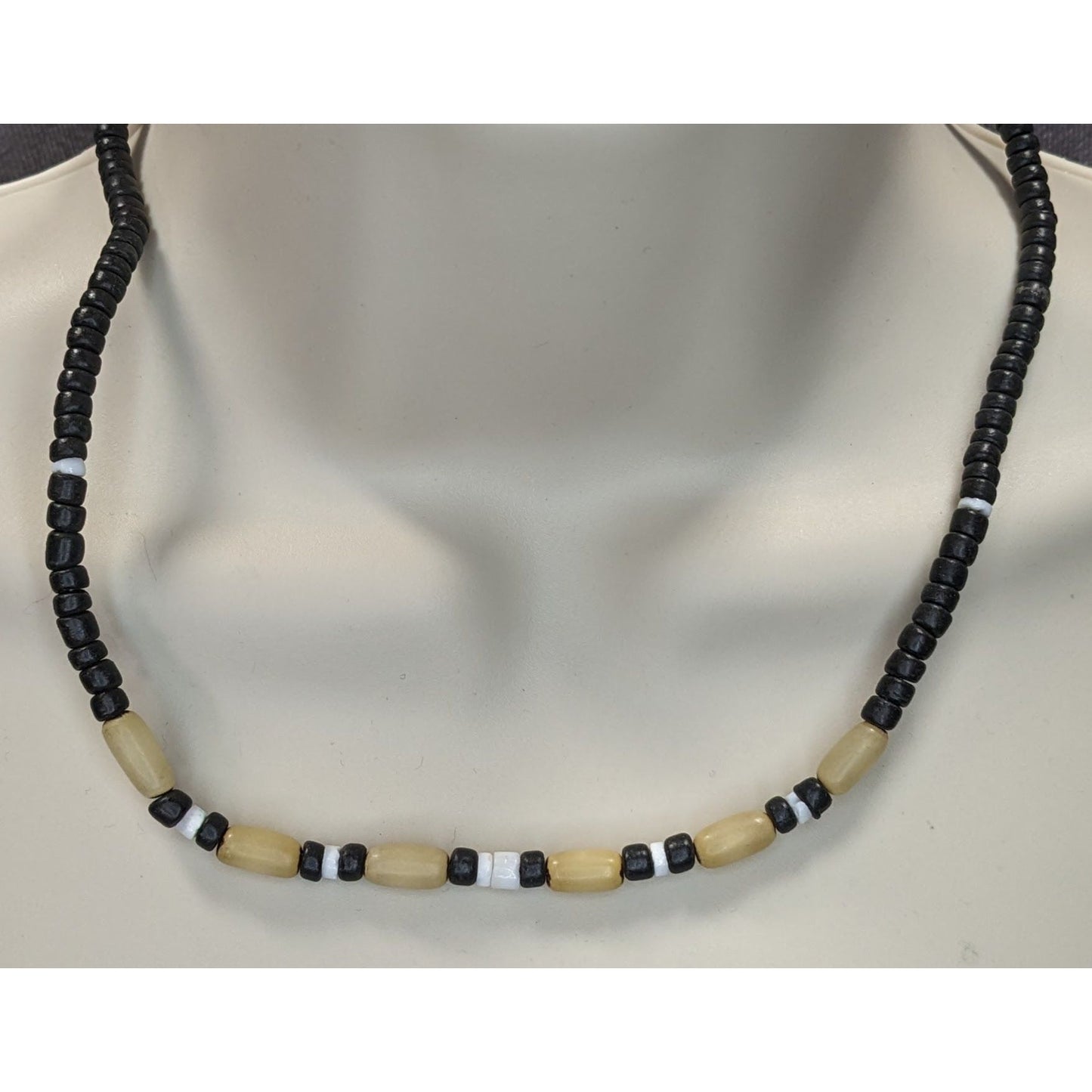 Vintage Wood Beaded Necklace With Black & Cream Accents