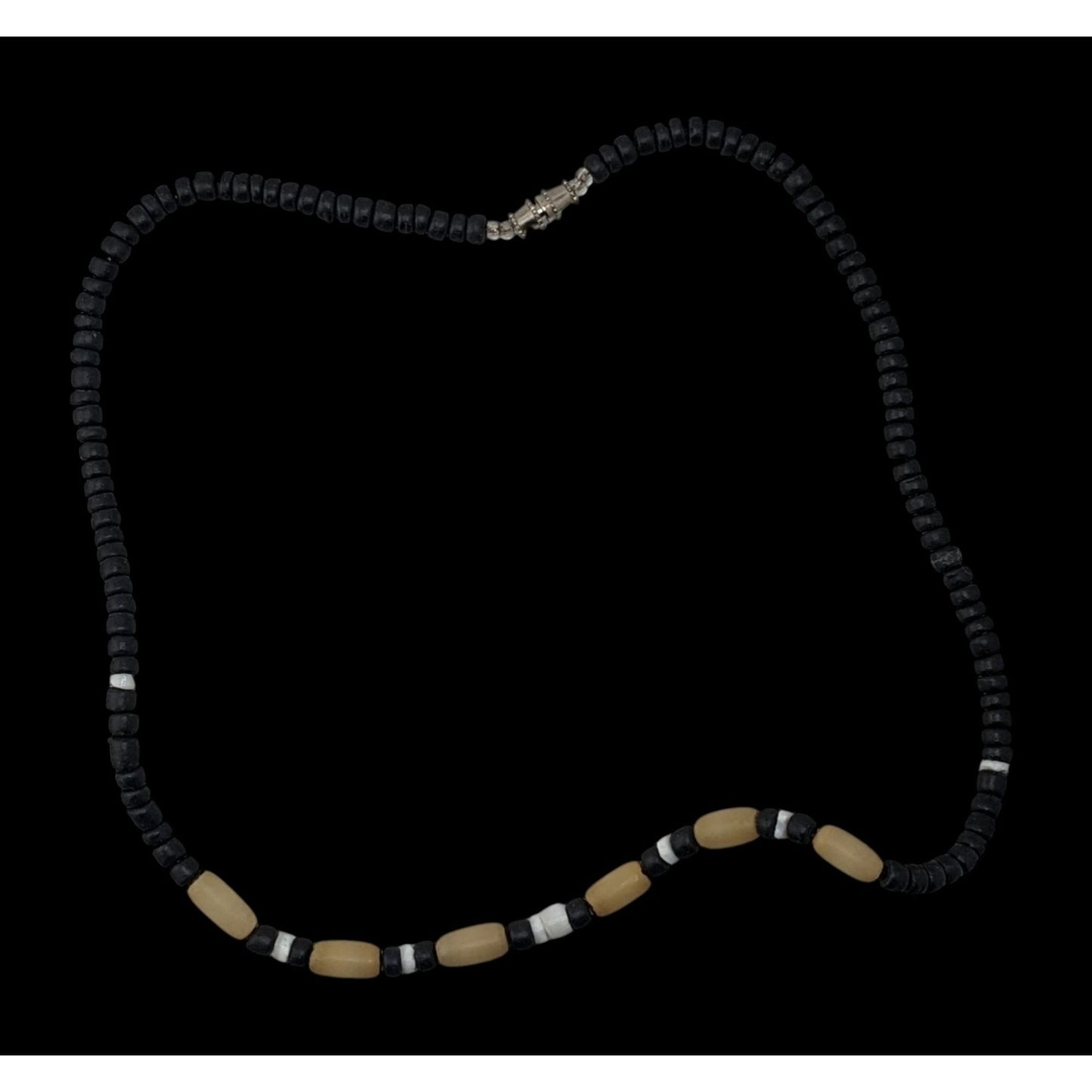 Vintage Wood Beaded Necklace With Black & Cream Accents