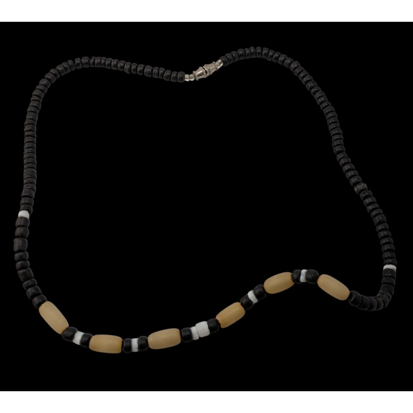 Vintage Wood Beaded Necklace With Black & Cream Accents
