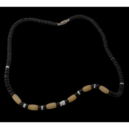 Vintage Wood Beaded Necklace With Black & Cream Accents