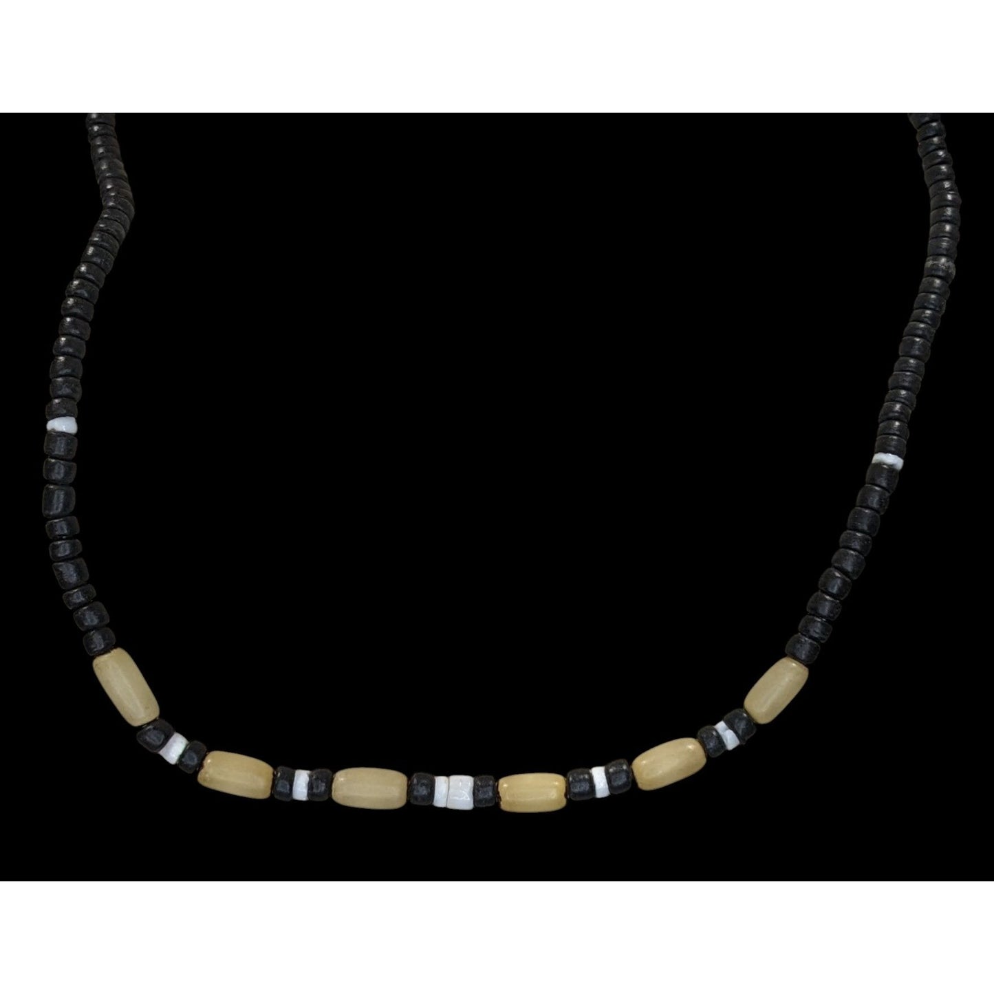 Vintage Wood Beaded Necklace With Black & Cream Accents