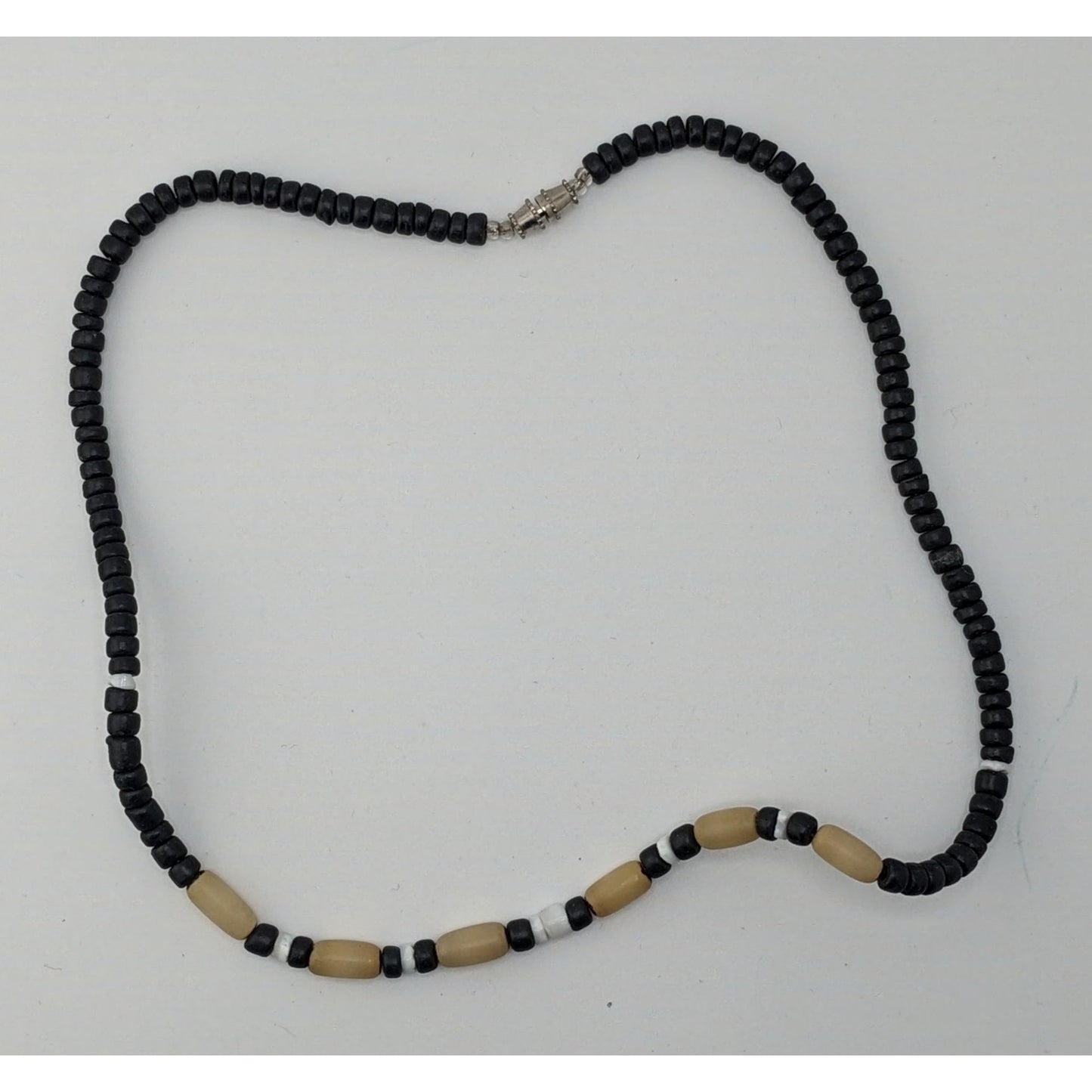 Vintage Wood Beaded Necklace With Black & Cream Accents