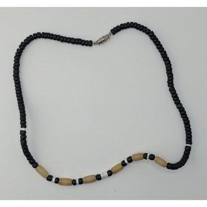 Vintage Wood Beaded Necklace With Black & Cream Accents