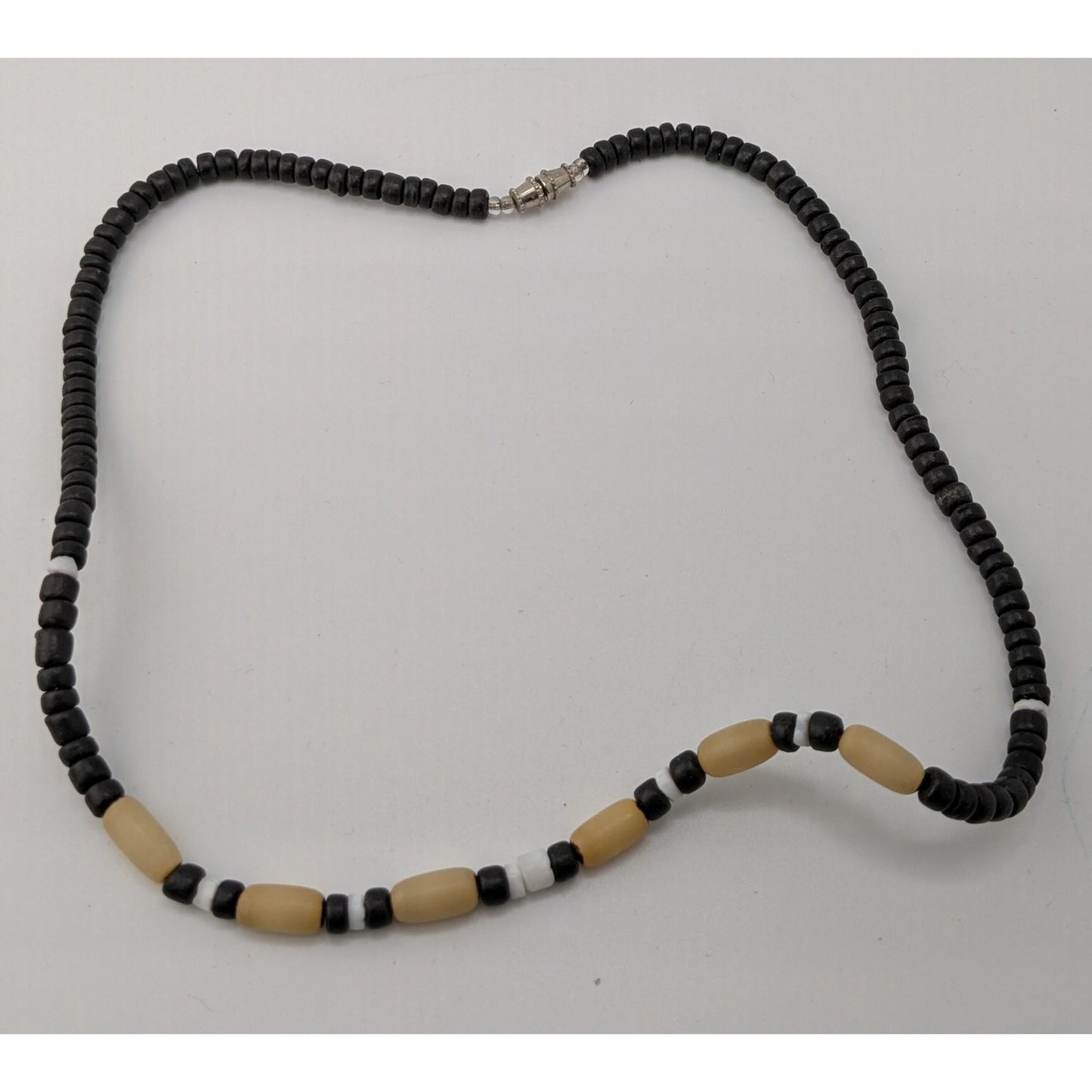 Vintage Wood Beaded Necklace With Black & Cream Accents