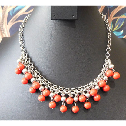 Elegant Bohemian Red And Silver Tone Ball Fringe Necklace