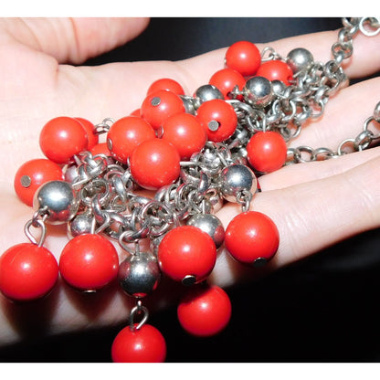 Elegant Bohemian Red And Silver Tone Ball Fringe Necklace