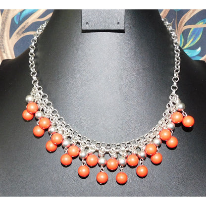 Elegant Bohemian Red And Silver Tone Ball Fringe Necklace
