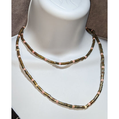 Vintage 34-Inch Brass & Pink Beaded Necklace With Cylindrical Design