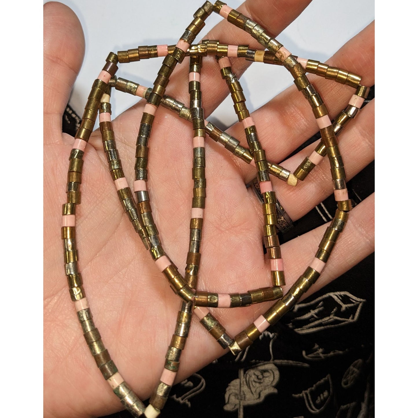 Vintage 34-Inch Brass & Pink Beaded Necklace With Cylindrical Design