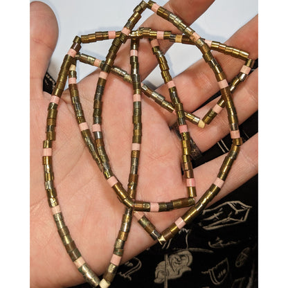 Vintage 34-Inch Brass & Pink Beaded Necklace With Cylindrical Design