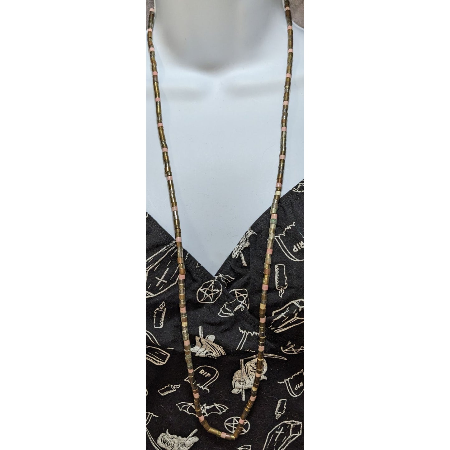 Vintage 34-Inch Brass & Pink Beaded Necklace With Cylindrical Design