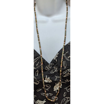 Vintage 34-Inch Brass & Pink Beaded Necklace With Cylindrical Design