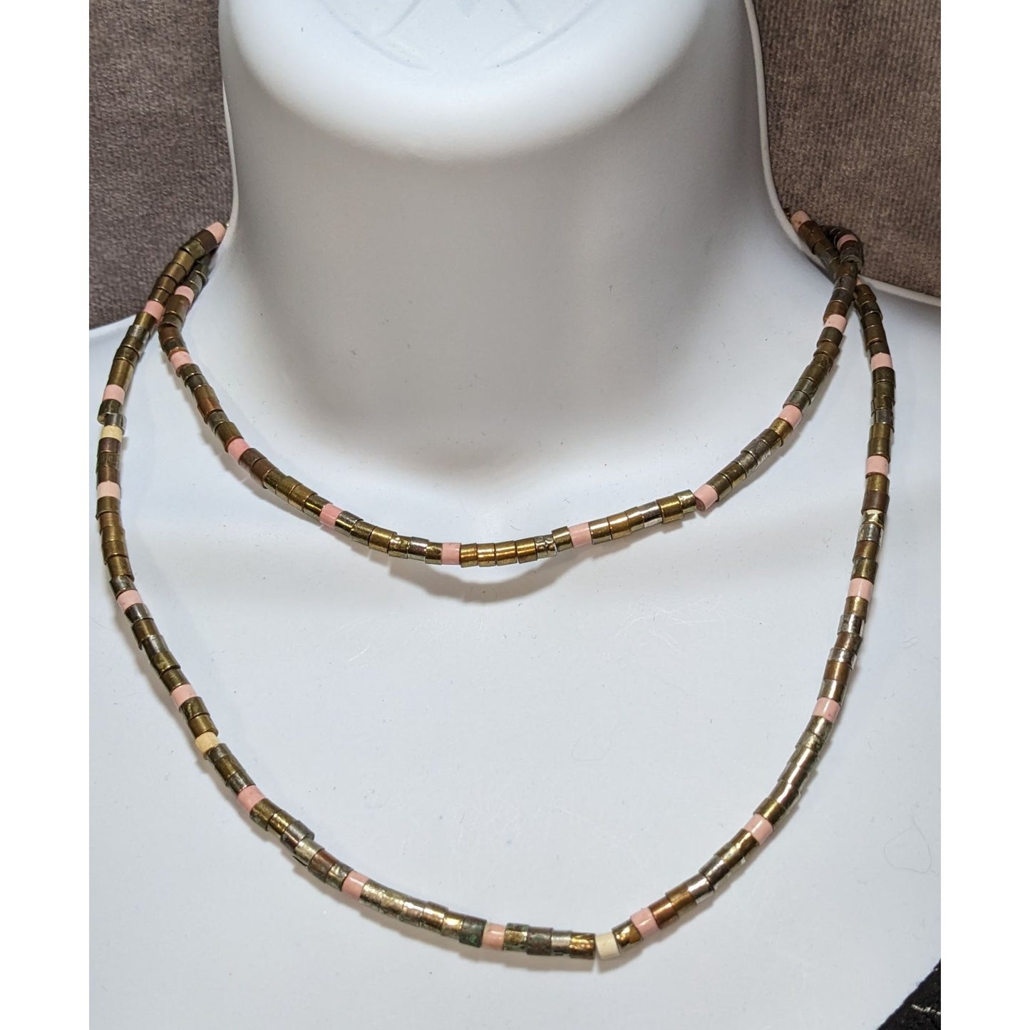 Vintage 34-Inch Brass & Pink Beaded Necklace With Cylindrical Design