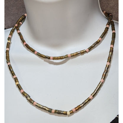 Vintage 34-Inch Brass & Pink Beaded Necklace With Cylindrical Design