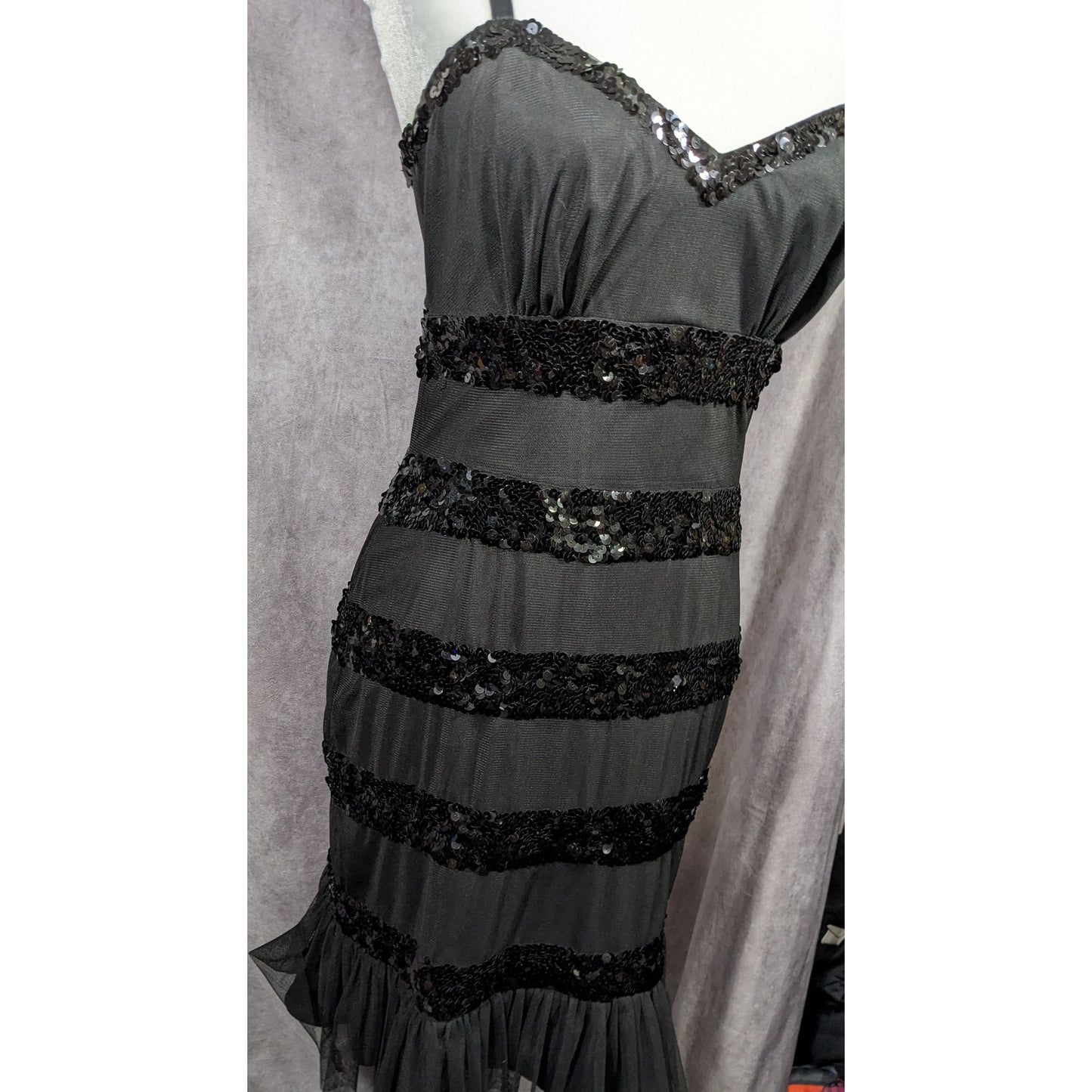 Betsey Johnson Evening Black Sequin Striped Dress Size 6