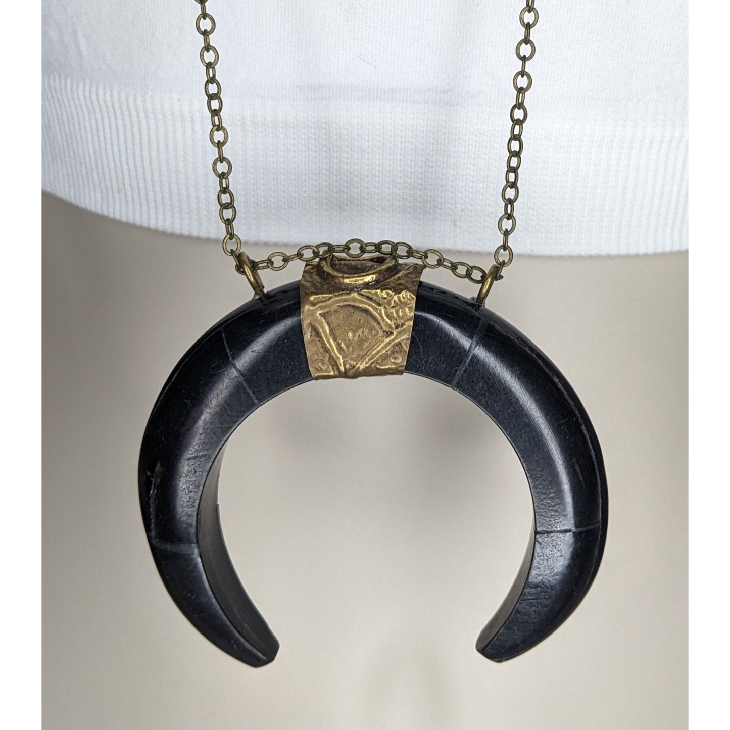 Witchy Vintage Ox Horn Crescent Moon Pendant Necklace Tribal Boho Statement Jewelry