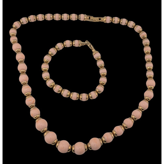Vintage 80s Avon Necklace & Bracelet Set With Pink Lucite Beads & Gold Tone Accents