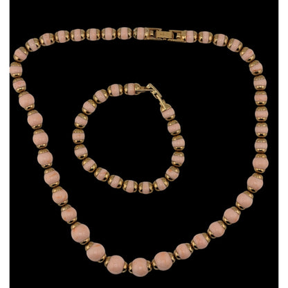 Vintage 80s Avon Necklace & Bracelet Set With Pink Lucite Beads & Gold Tone Accents