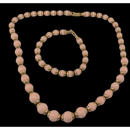 Vintage 80s Avon Necklace & Bracelet Set With Pink Lucite Beads & Gold Tone Accents
