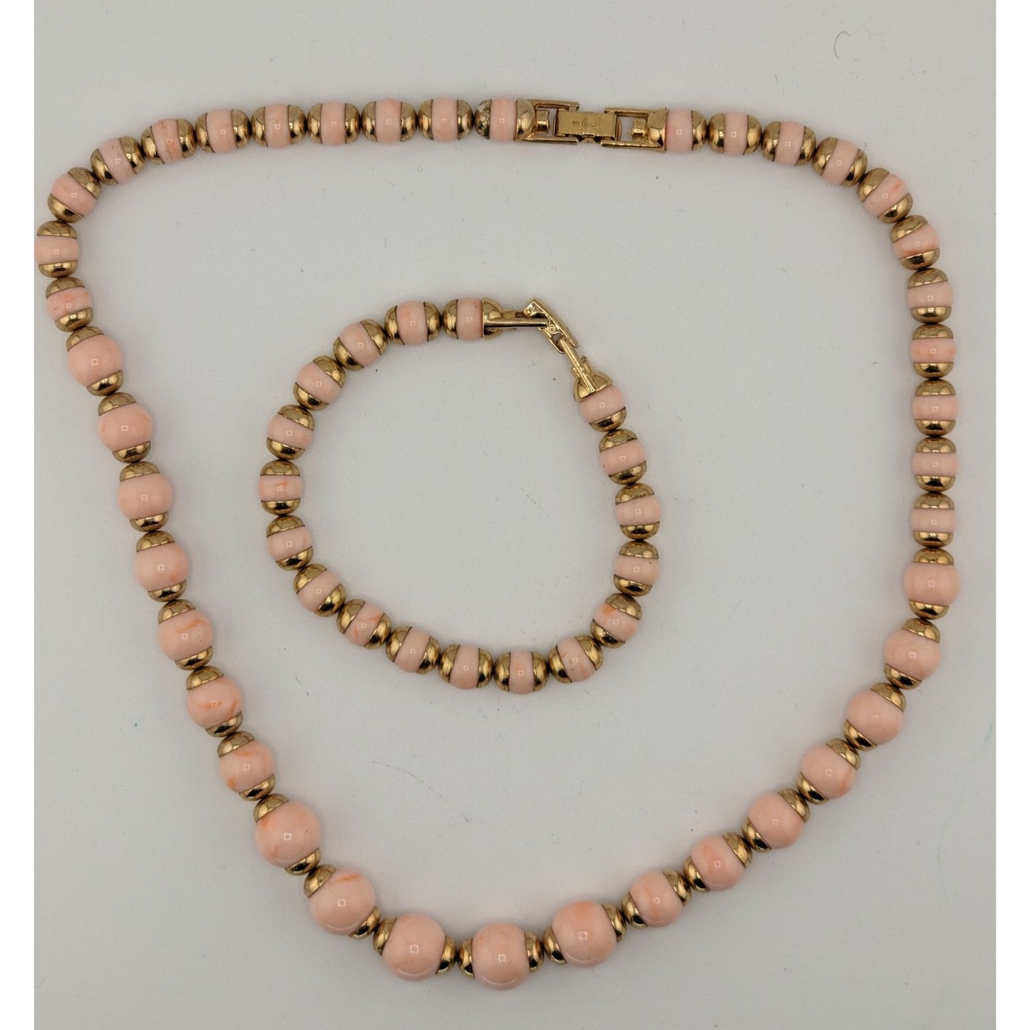 Vintage 80s Avon Necklace & Bracelet Set With Pink Lucite Beads & Gold Tone Accents
