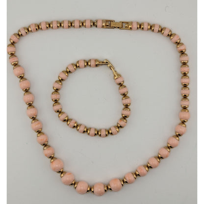 Vintage 80s Avon Necklace & Bracelet Set With Pink Lucite Beads & Gold Tone Accents